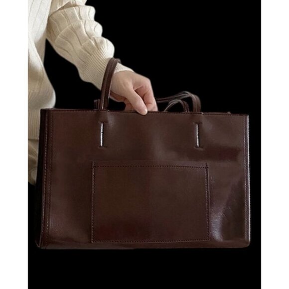 Faux Leather Shoulder Tote Bag Large Capacity Dark Brown - Picture 3 of 3